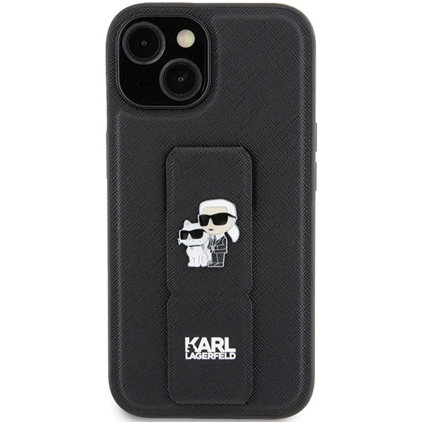 Funda MagSafe para Apple iPhone 15, Karl Lagerfeld, Saffiano Gripstand Karl & Choupette, Negra