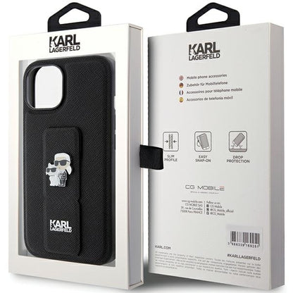 Funda MagSafe para Apple iPhone 15, Karl Lagerfeld, Saffiano Gripstand Karl & Choupette, Negra