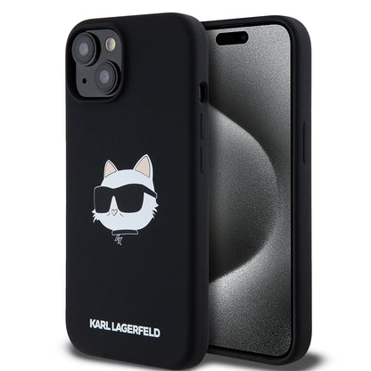 Funda MagSafe para Apple iPhone 15, Karl Lagerfeld, Silicona Cabeza de Choupette, Negra