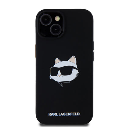 Funda MagSafe para Apple iPhone 15, Karl Lagerfeld, Silicona Cabeza de Choupette, Negra