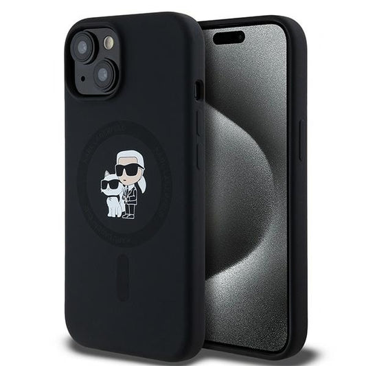 Funda MagSafe para Apple iPhone 15, Karl Lagerfeld, Silicona Karl & Choupette, Negra