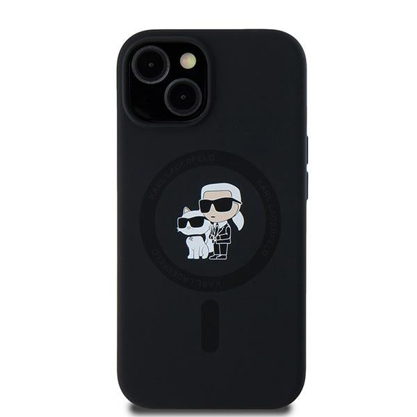 Funda MagSafe para Apple iPhone 15, Karl Lagerfeld, Silicona Karl & Choupette, Negra