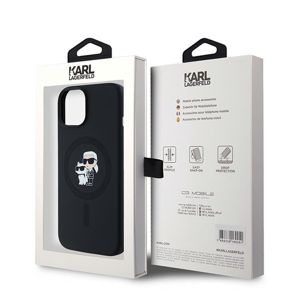 Funda MagSafe para Apple iPhone 15, Karl Lagerfeld, Silicona Karl & Choupette, Negra