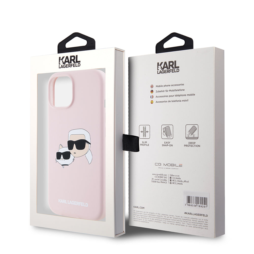 Funda MagSafe para Apple iPhone 15, Karl Lagerfeld, Silicona Karl & Choupette's Heads, Rosa