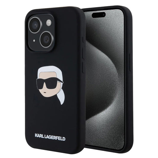 Funda MagSafe para Apple iPhone 15, Karl Lagerfeld, Silicona Cabeza de Karl, Negra