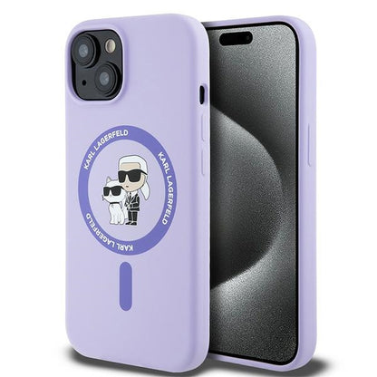 Funda MagSafe para Apple iPhone 15, Karl Lagerfeld, Anillo de Silicona Karl & Choupette, Morado