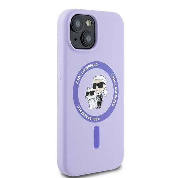 Funda MagSafe para Apple iPhone 15, Karl Lagerfeld, Anillo de Silicona Karl & Choupette, Morado