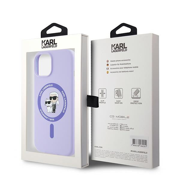 Funda MagSafe para Apple iPhone 15, Karl Lagerfeld, Anillo de Silicona Karl & Choupette, Morado