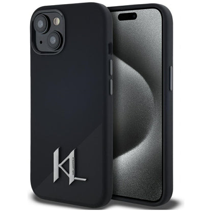 Funda MagSafe para Apple iPhone 15, Karl Lagerfeld, Silicone Shadow Metal Initial, Negra
