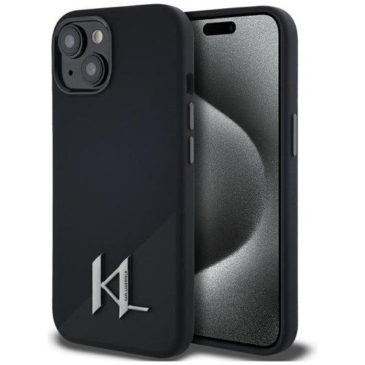 Funda MagSafe para Apple iPhone 15, Karl Lagerfeld, Silicone Shadow Metal Initial, Negra