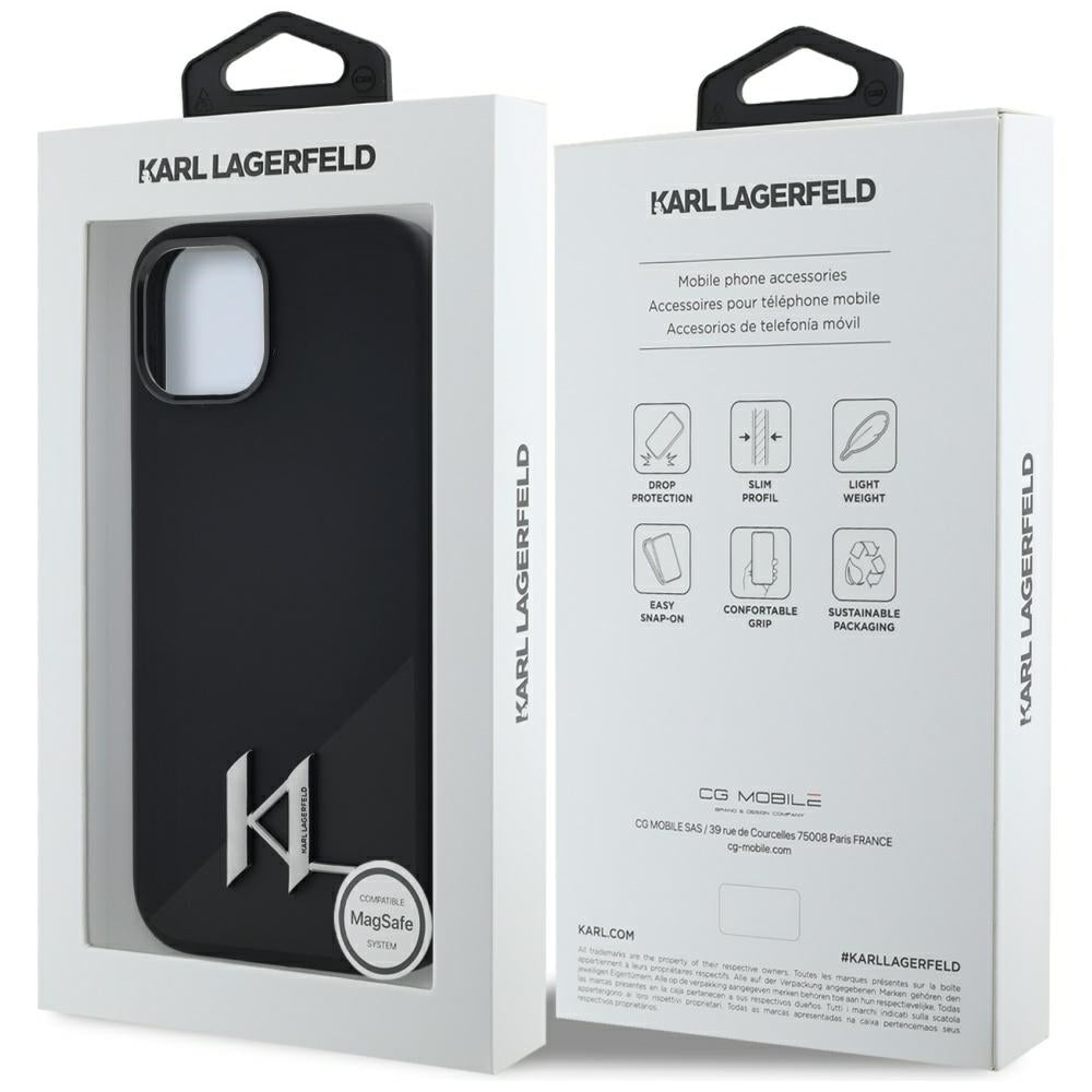 Funda MagSafe para Apple iPhone 15, Karl Lagerfeld, Silicone Shadow Metal Initial, Negra