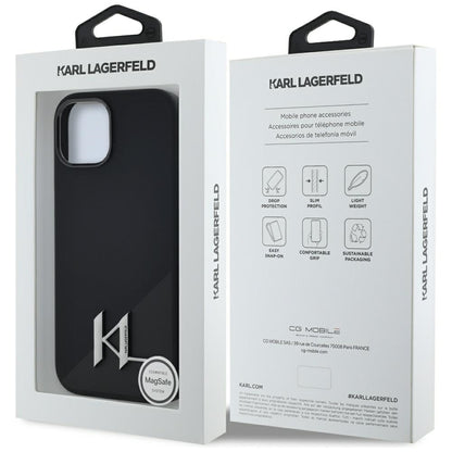 Funda MagSafe para Apple iPhone 15, Karl Lagerfeld, Silicone Shadow Metal Initial, Negra