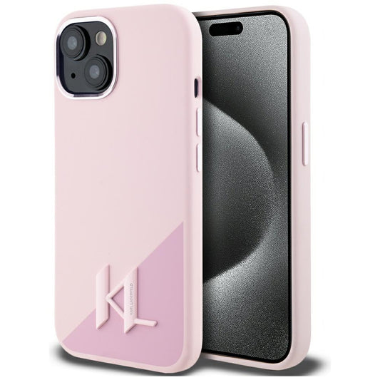 Funda MagSafe para Apple iPhone 15, Karl Lagerfeld, Silicone Shadow Metal Initial, Rosa.