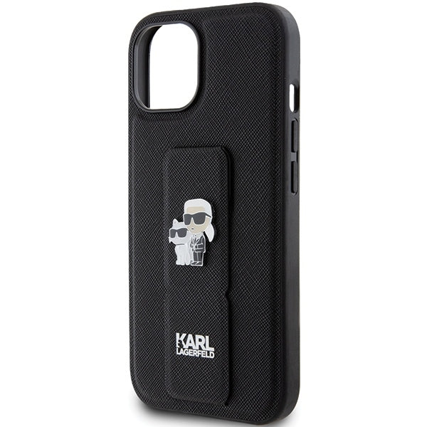 Funda MagSafe para Apple iPhone 15 Plus / 14 Plus, Karl Lagerfeld, Saffiano Gripstand Karl & Choupette, Negra