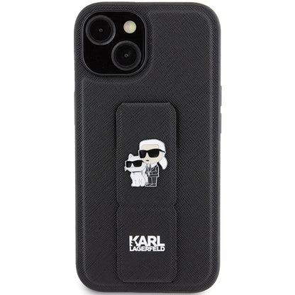 Funda MagSafe para Apple iPhone 15 Plus / 14 Plus, Karl Lagerfeld, Saffiano Gripstand Karl & Choupette, Negra