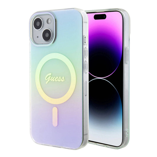 Funda MagSafe para Apple iPhone 15 Plus, Guess, IML Iridescente, Turquesa