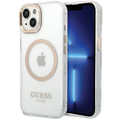 Funda MagSafe para Apple iPhone 15 Plus, Guess, Metal Outline, Dorada
