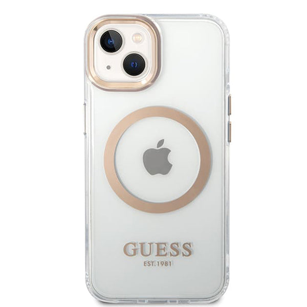 Funda MagSafe para Apple iPhone 15 Plus, Guess, Metal Outline, Dorada
