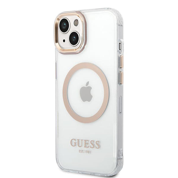 Funda MagSafe para Apple iPhone 15 Plus, Guess, Metal Outline, Dorada