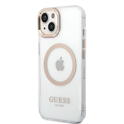 Funda MagSafe para Apple iPhone 15 Plus, Guess, Metal Outline, Dorada