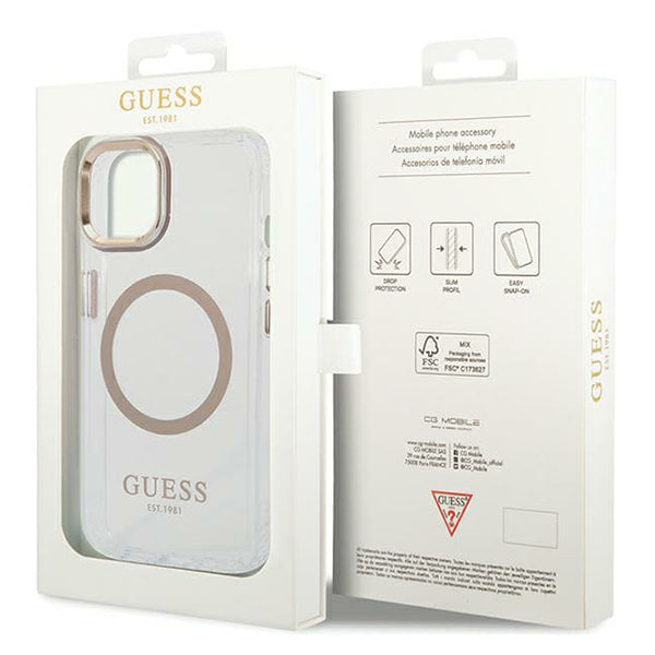 Funda MagSafe para Apple iPhone 15 Plus, Guess, Metal Outline, Dorada