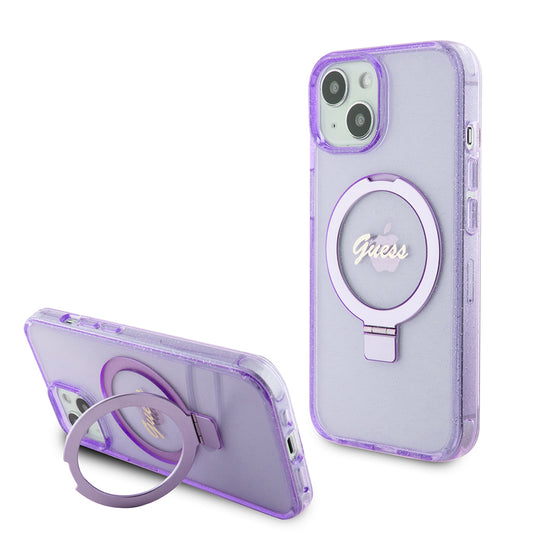 Funda MagSafe para Apple iPhone 15 Plus, Guess, Ring Stand Script Glitter, Morado