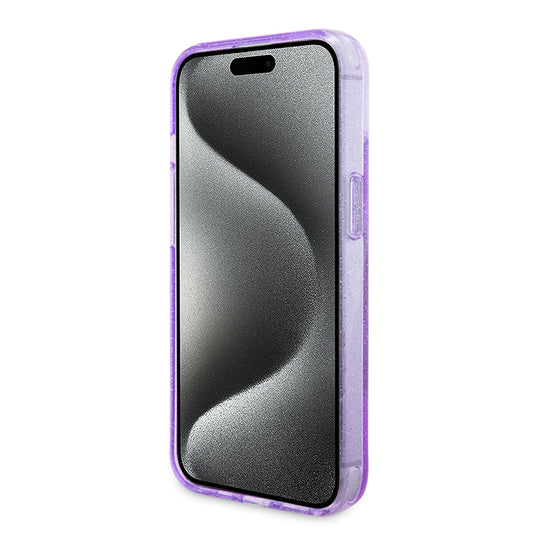 Funda MagSafe para Apple iPhone 15 Plus, Guess, Ring Stand Script Glitter, Morado