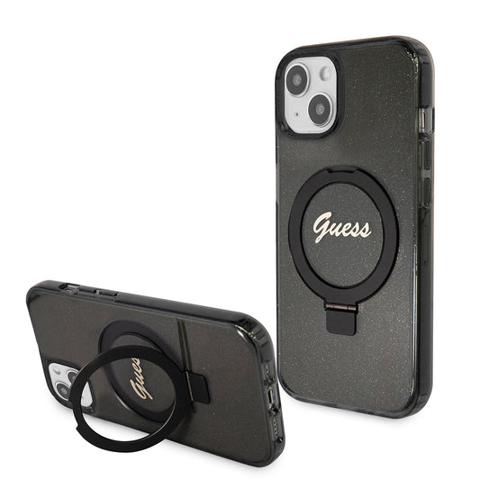 Funda MagSafe para Apple iPhone 15 Plus, Guess, Ring Stand Script Glitter, Negra