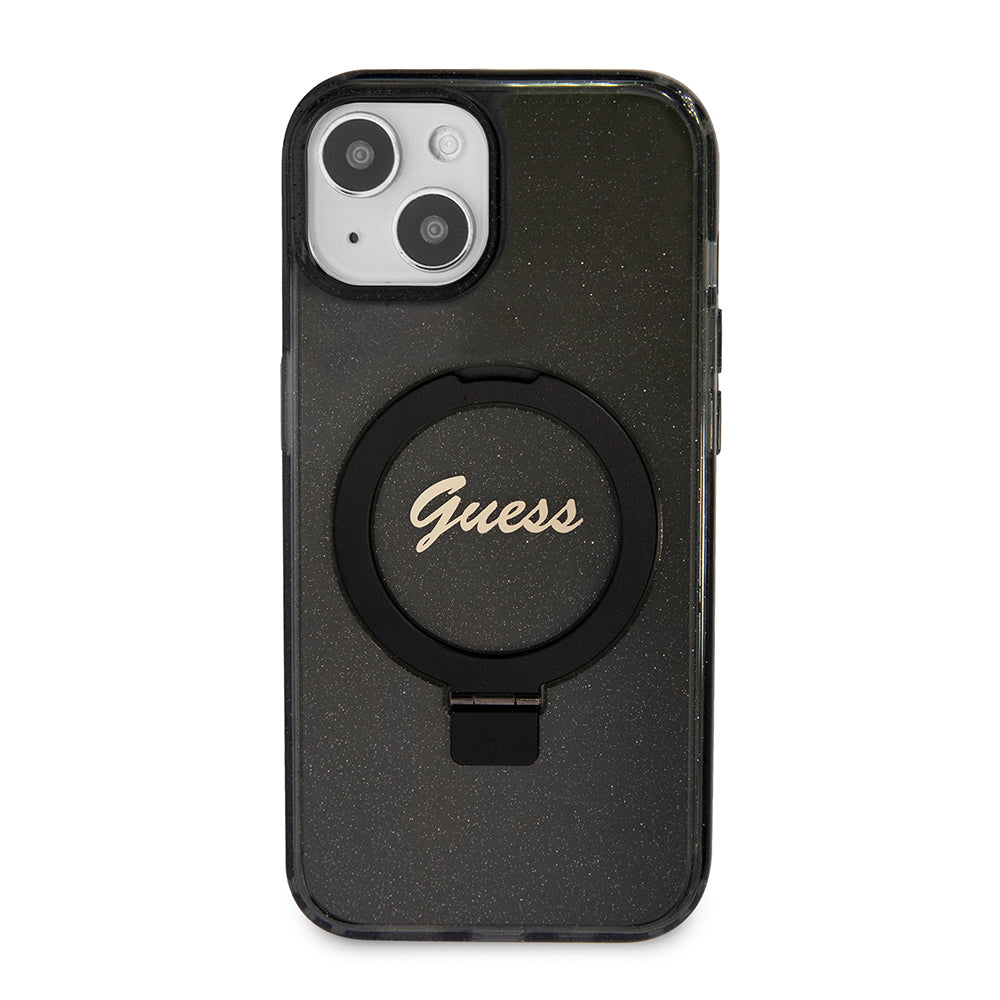 Funda MagSafe para Apple iPhone 15 Plus, Guess, Ring Stand Script Glitter, Negra