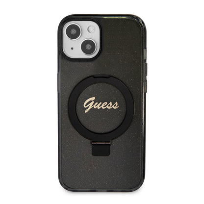 Funda MagSafe para Apple iPhone 15 Plus, Guess, Ring Stand Script Glitter, Negra