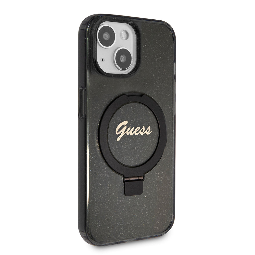 Funda MagSafe para Apple iPhone 15 Plus, Guess, Ring Stand Script Glitter, Negra