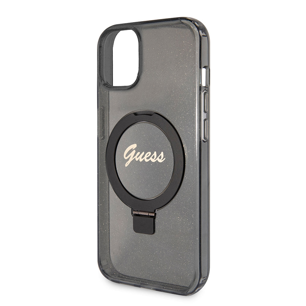 Funda MagSafe para Apple iPhone 15 Plus, Guess, Ring Stand Script Glitter, Negra