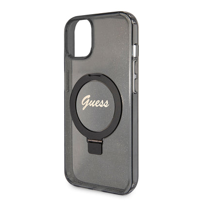 Funda MagSafe para Apple iPhone 15 Plus, Guess, Ring Stand Script Glitter, Negra