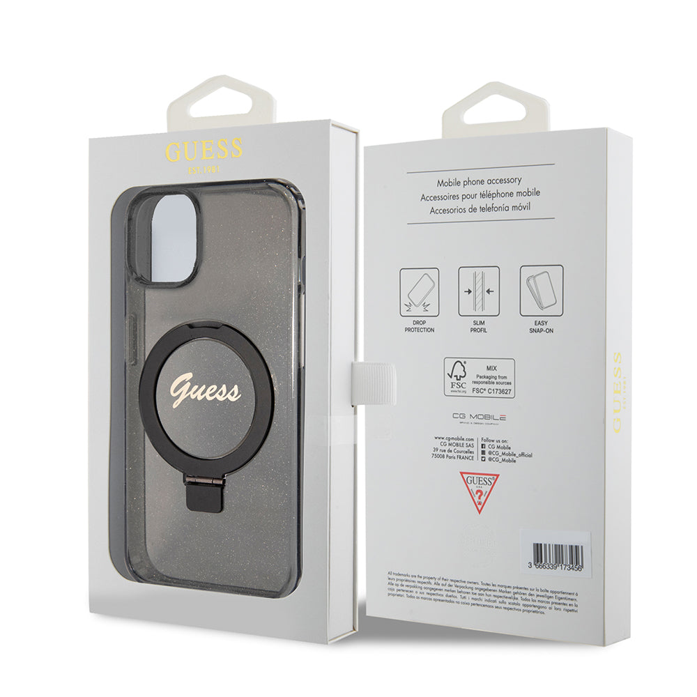 Funda MagSafe para Apple iPhone 15 Plus, Guess, Ring Stand Script Glitter, Negra