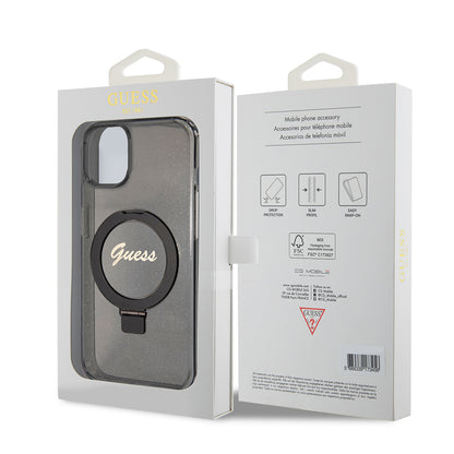 Funda MagSafe para Apple iPhone 15 Plus, Guess, Ring Stand Script Glitter, Negra