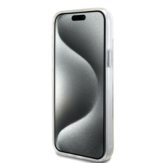 Funda MagSafe para Apple iPhone 15 Plus, Guess, Ring Stand Script Glitter, Transparente