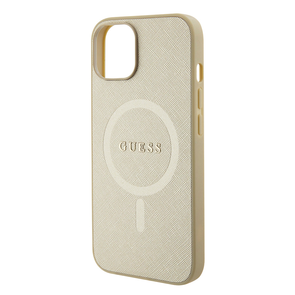 Funda MagSafe para Apple iPhone 15 Plus, Guess, Saffiano, Dorada