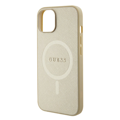 Funda MagSafe para Apple iPhone 15 Plus, Guess, Saffiano, Dorada