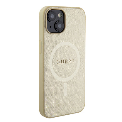 Funda MagSafe para Apple iPhone 15 Plus, Guess, Saffiano, Dorada