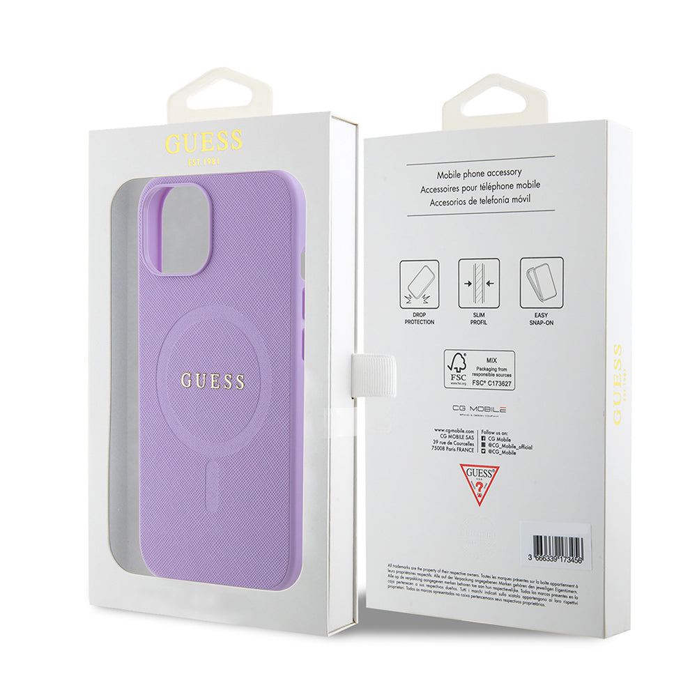 Funda MagSafe para Apple iPhone 15 Plus, Guess, Saffiano, Morado