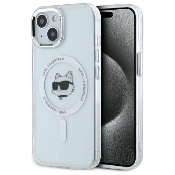 Funda MagSafe para Apple iPhone 15 Plus, Karl Lagerfeld, IML Metal Choupette's Head, Blanca.