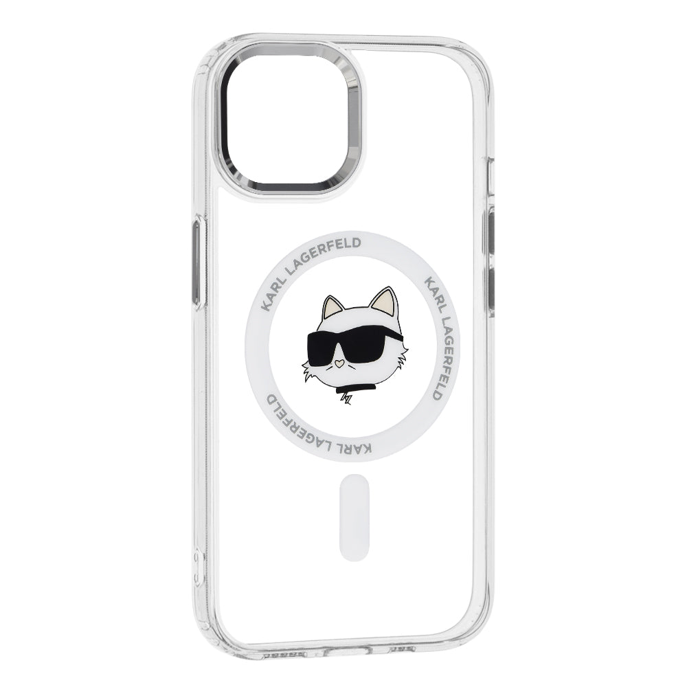 Funda MagSafe para Apple iPhone 15 Plus, Karl Lagerfeld, IML Metal Choupette's Head, Blanca.