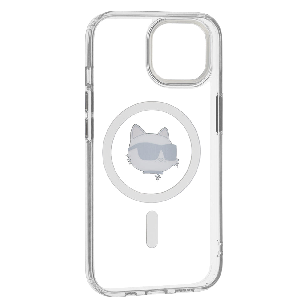 Funda MagSafe para Apple iPhone 15 Plus, Karl Lagerfeld, IML Metal Choupette's Head, Blanca.