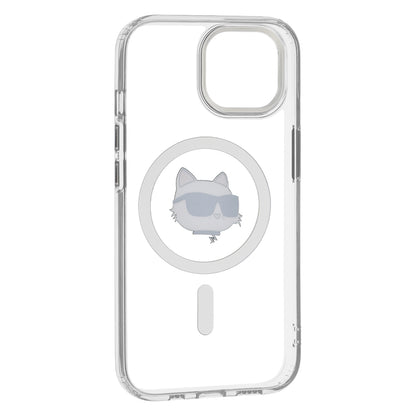 Funda MagSafe para Apple iPhone 15 Plus, Karl Lagerfeld, IML Metal Choupette's Head, Blanca.