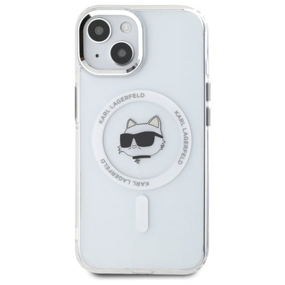 Funda MagSafe para Apple iPhone 15 Plus, Karl Lagerfeld, IML Metal Choupette's Head, Blanca.
