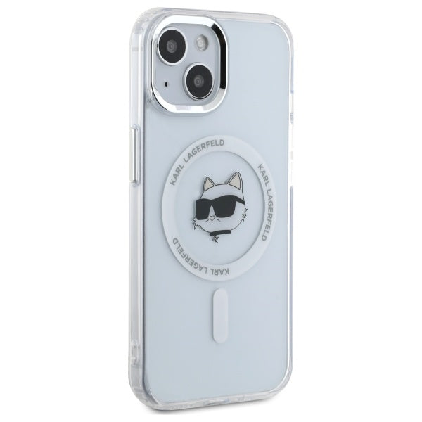 Funda MagSafe para Apple iPhone 15 Plus, Karl Lagerfeld, IML Metal Choupette's Head, Blanca.