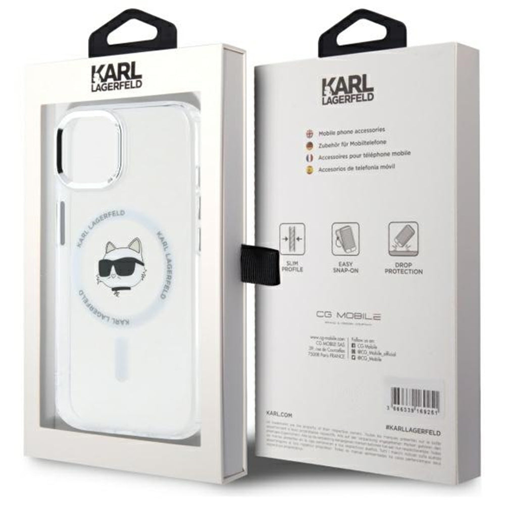 Funda MagSafe para Apple iPhone 15 Plus, Karl Lagerfeld, IML Metal Choupette's Head, Blanca.