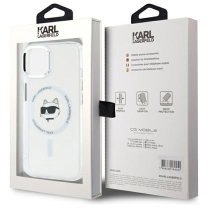 Funda MagSafe para Apple iPhone 15 Plus, Karl Lagerfeld, IML Metal Choupette's Head, Blanca.