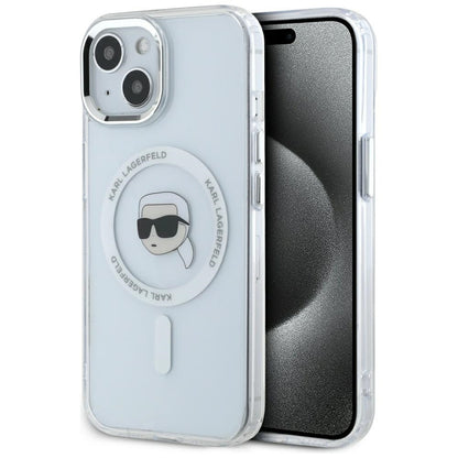 Funda MagSafe para Apple iPhone 15 Plus, Karl Lagerfeld, IML Metal Karl's Head, Blanca