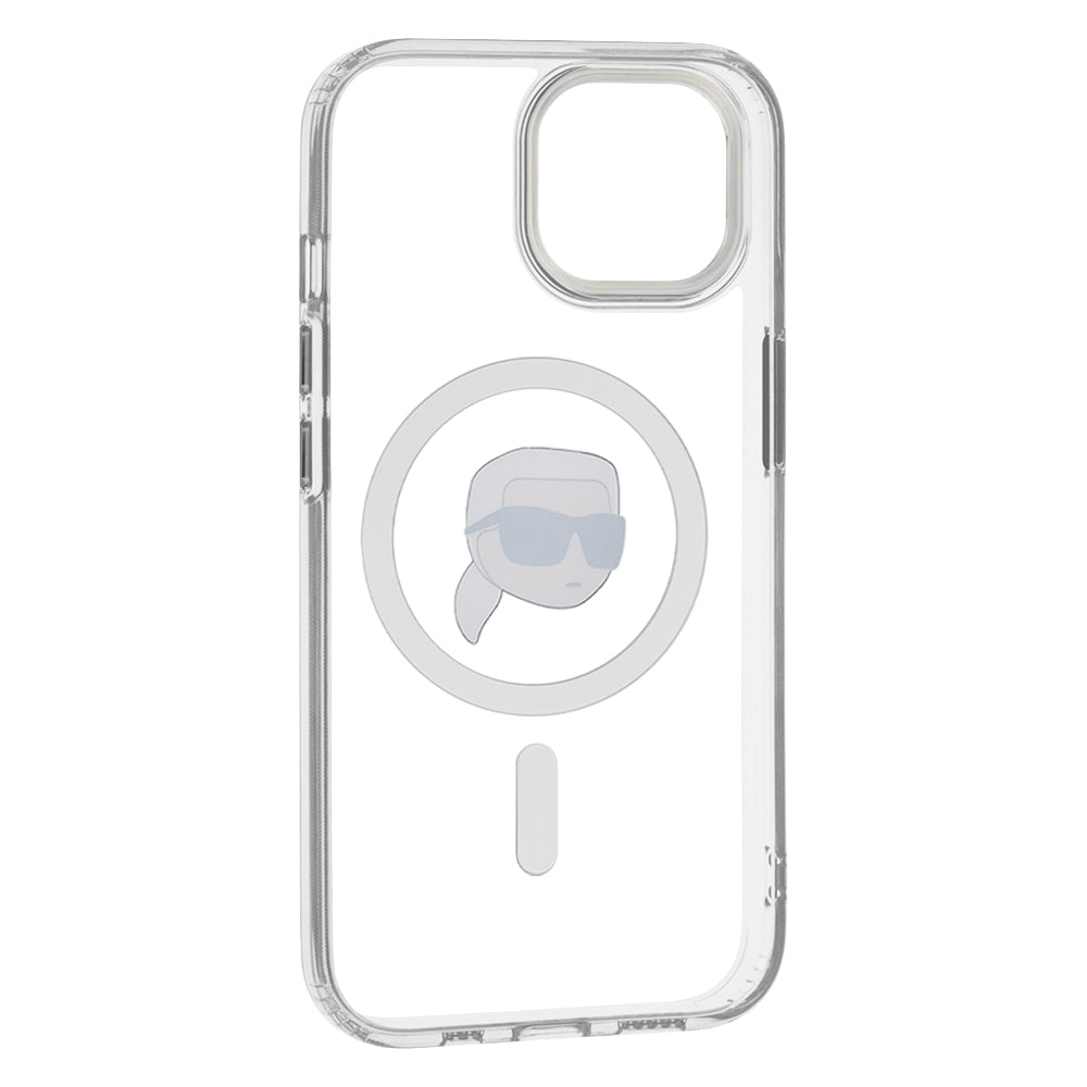 Funda MagSafe para Apple iPhone 15 Plus, Karl Lagerfeld, IML Metal Karl's Head, Blanca